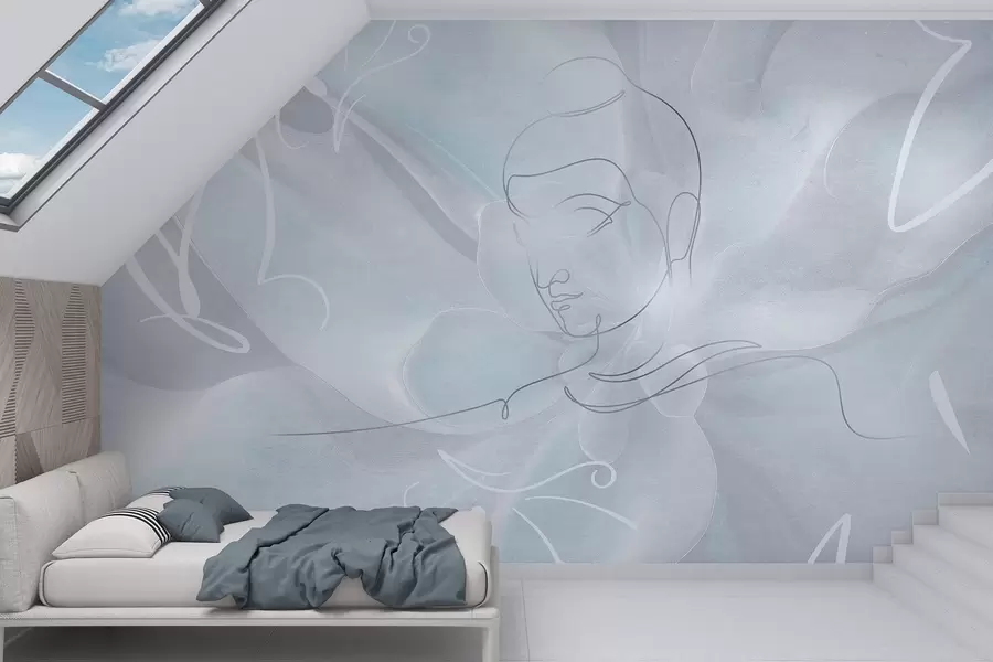 wall murals Цветна апстракција са цртежом Буде, плаве боје w04004v1