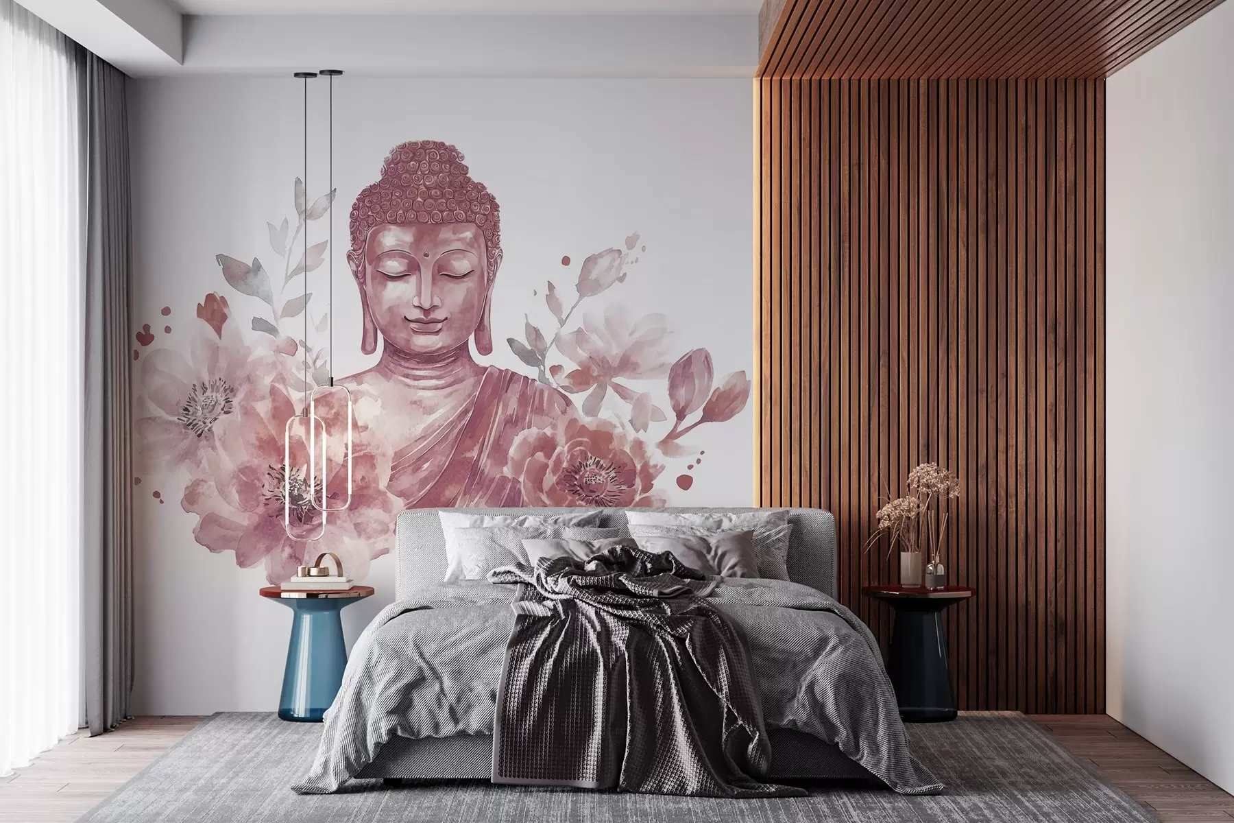 wall murals Акварел Буда са цвећем, духовна, бордо палета боја  w04005v2
