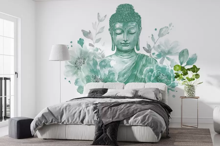 wall murals Акварел Буда са цвећем, духовна, зелена палета боја  w04005v3