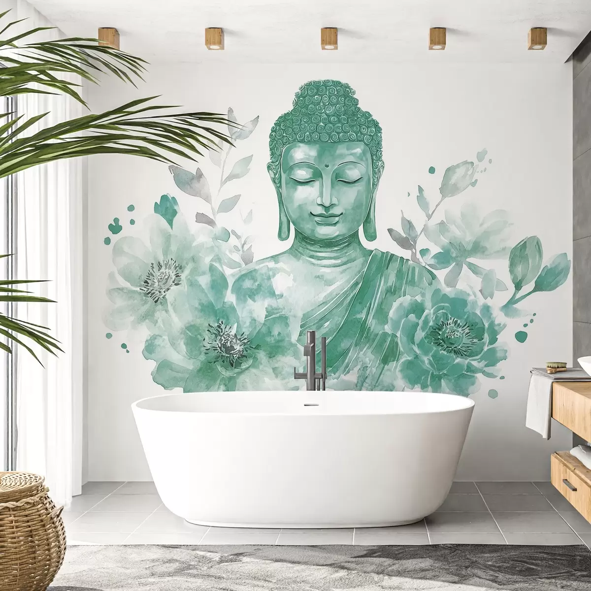 wall murals Акварел Буда са цвећем, духовна, зелена палета боја  w04005v3