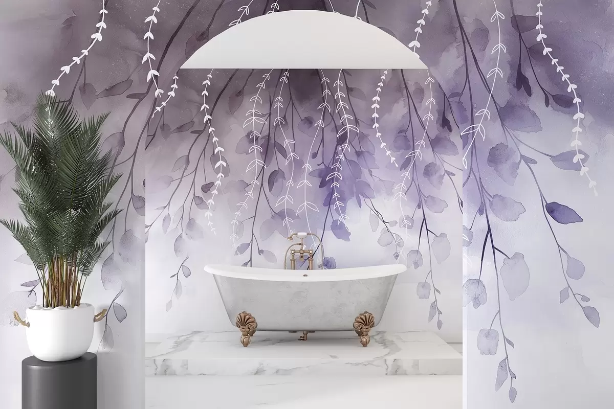 wall murals Гране са листовима у акварел стилу, природне љубичасте боје w04007v2