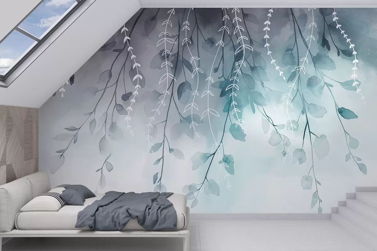 wall murals Гране са листовима у акварел стилу, природне аквамарин боје w04007v3