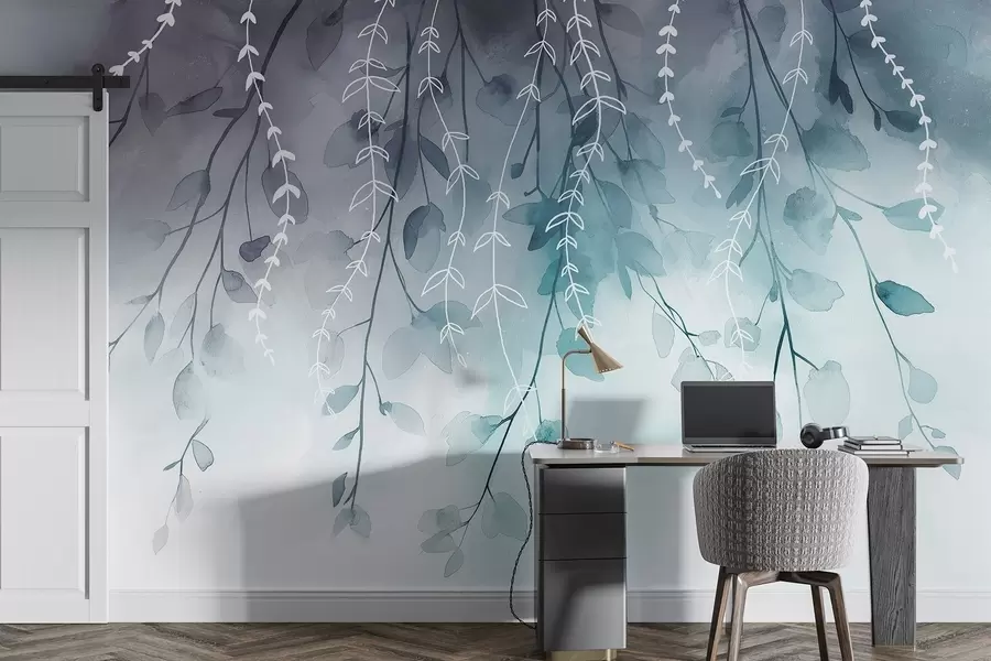 wall murals Гране са листовима у акварел стилу, природне аквамарин боје w04007v3