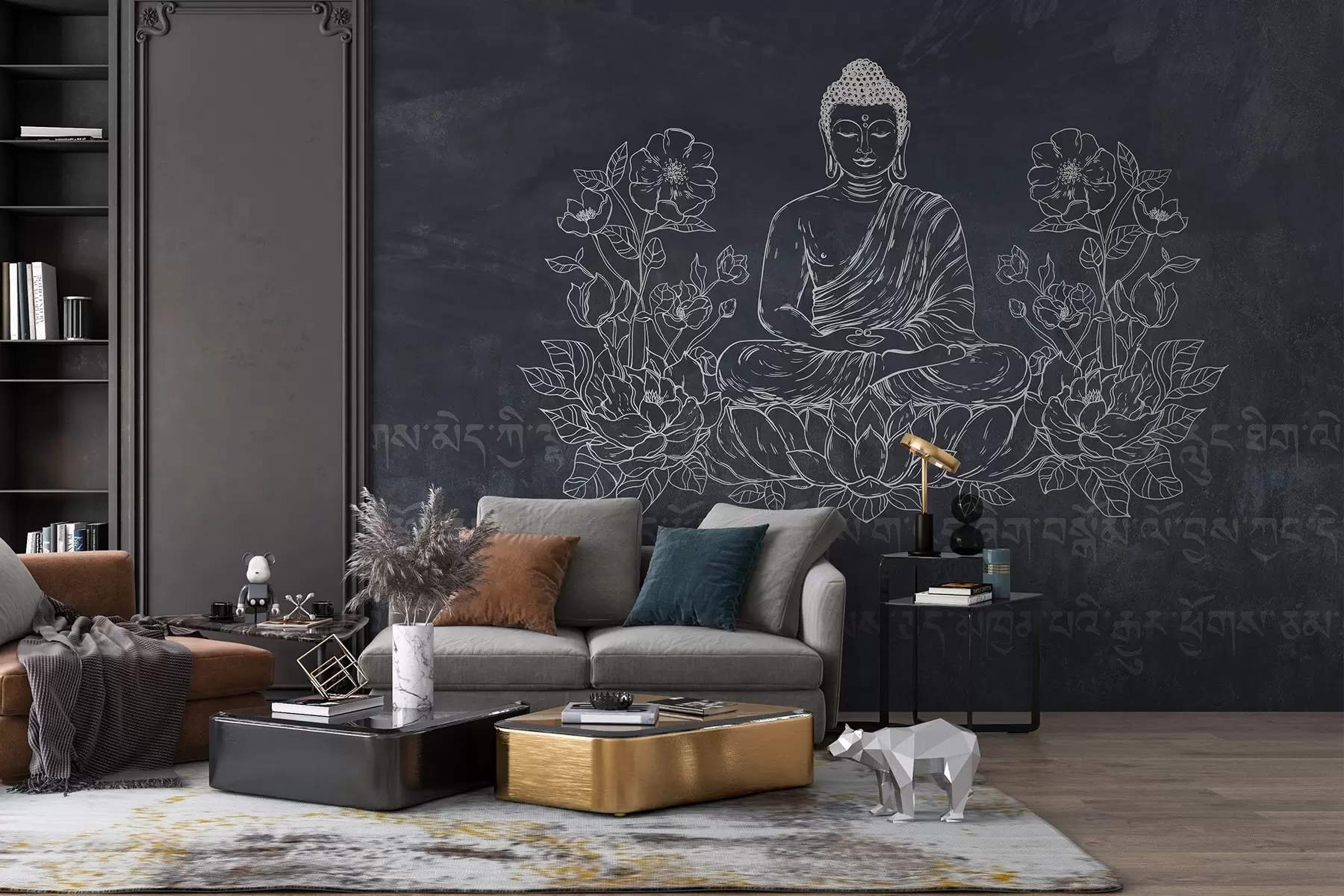 wall murals Медитирајућег Буде са цветовима лотоса, линијске цртеже, оријенталне, тамне позадине w04008