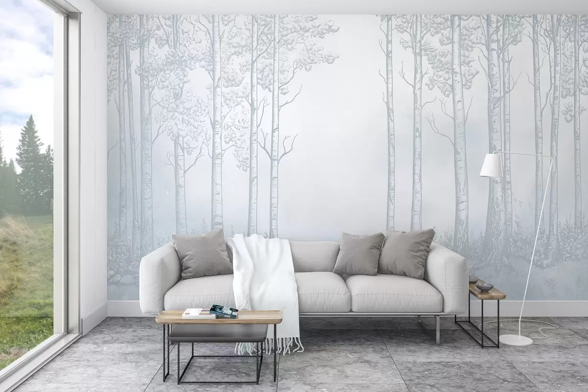 wall murals Шума са брезама, минимализам, природа, плава палета боја  w04009