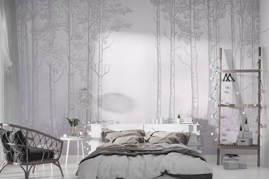 wall murals Шума са брезама, минимализам, природа, ружичаста палета боја  w04009v2