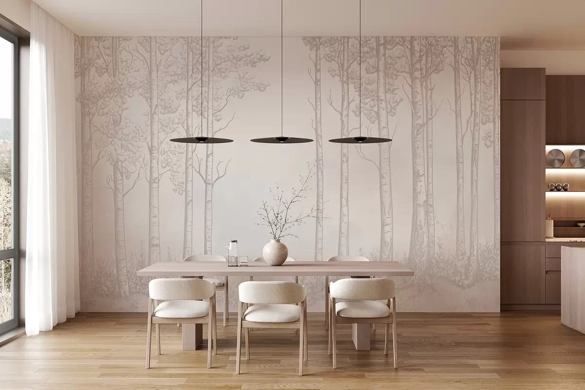 wall murals Шума са брезама, минимализам, природа, беж палета боја  w04009v3