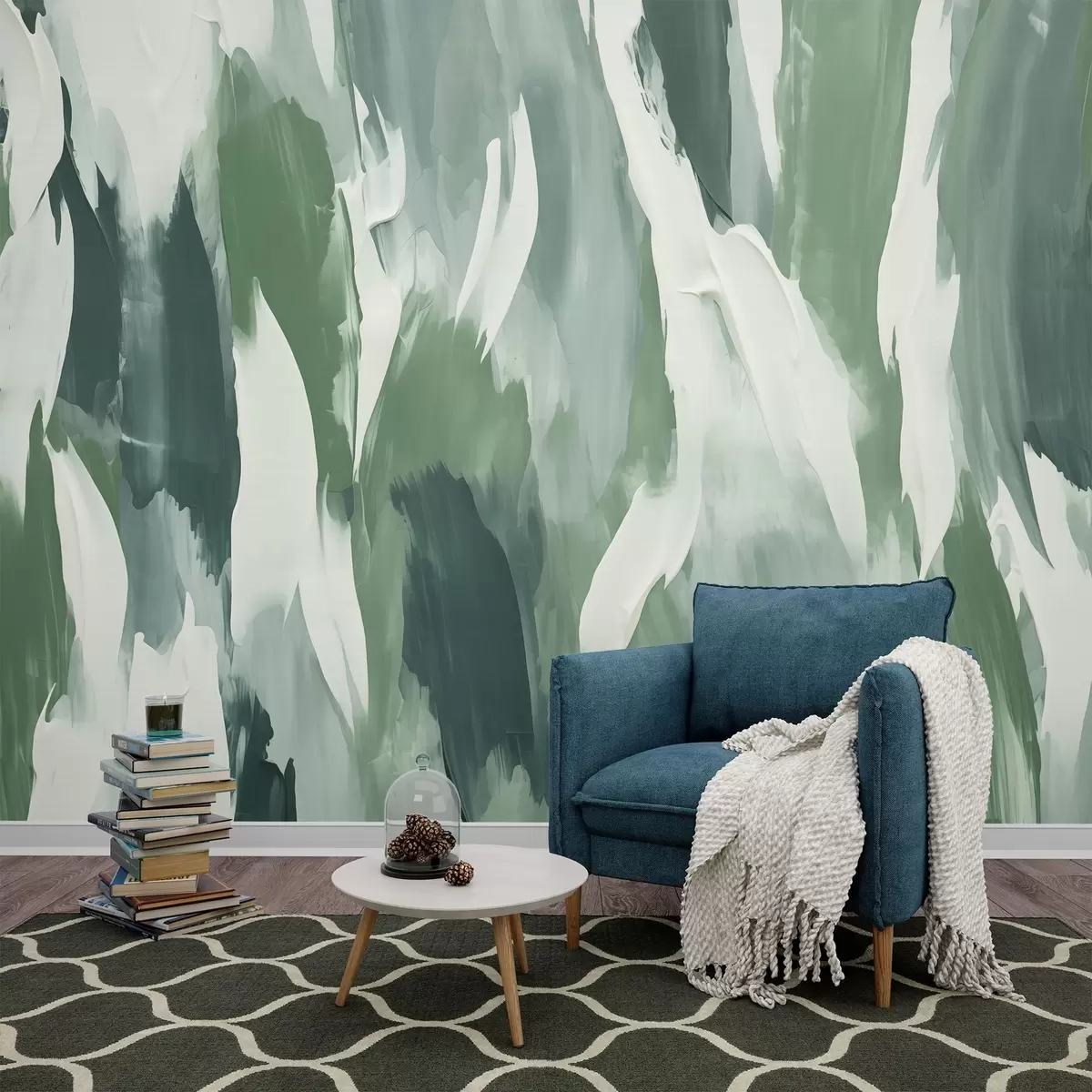 wall murals Апстрактна текстура смелих зелених и кремастих потеза четкицом, која евоцира ритам лишћа разнесеног ветром и органског кретања w04035