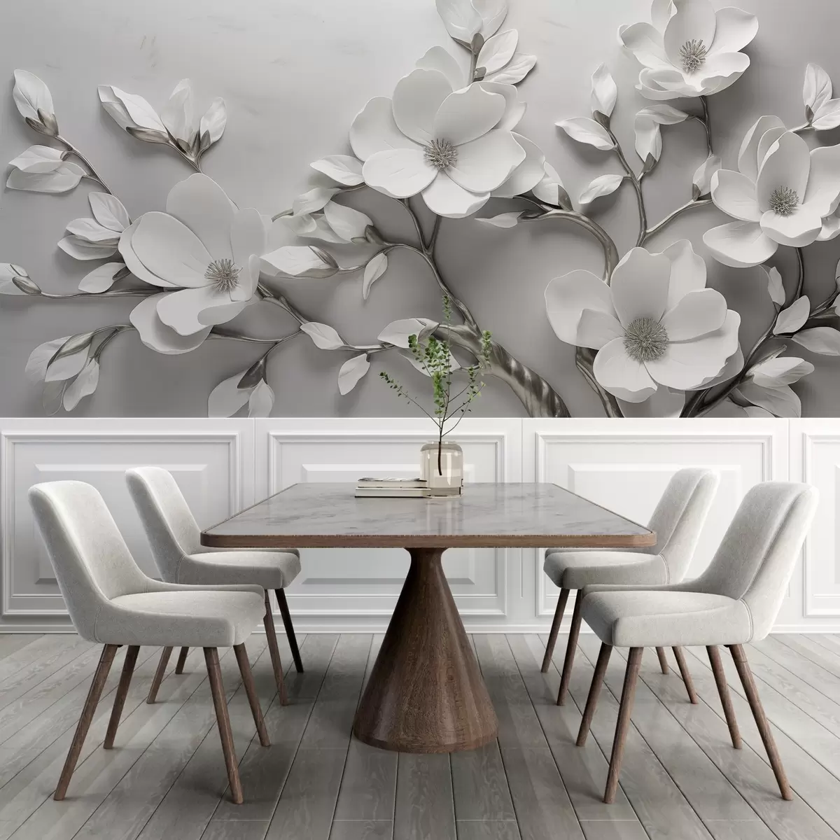 wall murals Димензионална цветна грана у чисто белим и неутралним тоновима w04039v2