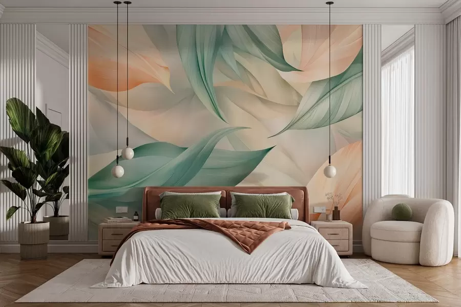 wall murals егзотично тропско лишће у нежним бресквастим и зеленим тоновима w03962