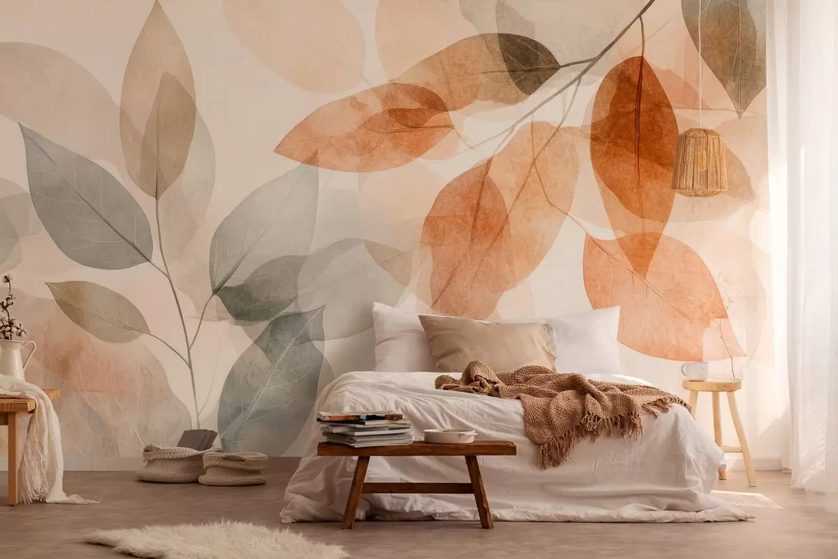 wall murals листови у акварелном стилу у нијансама сепије и сиве w04024