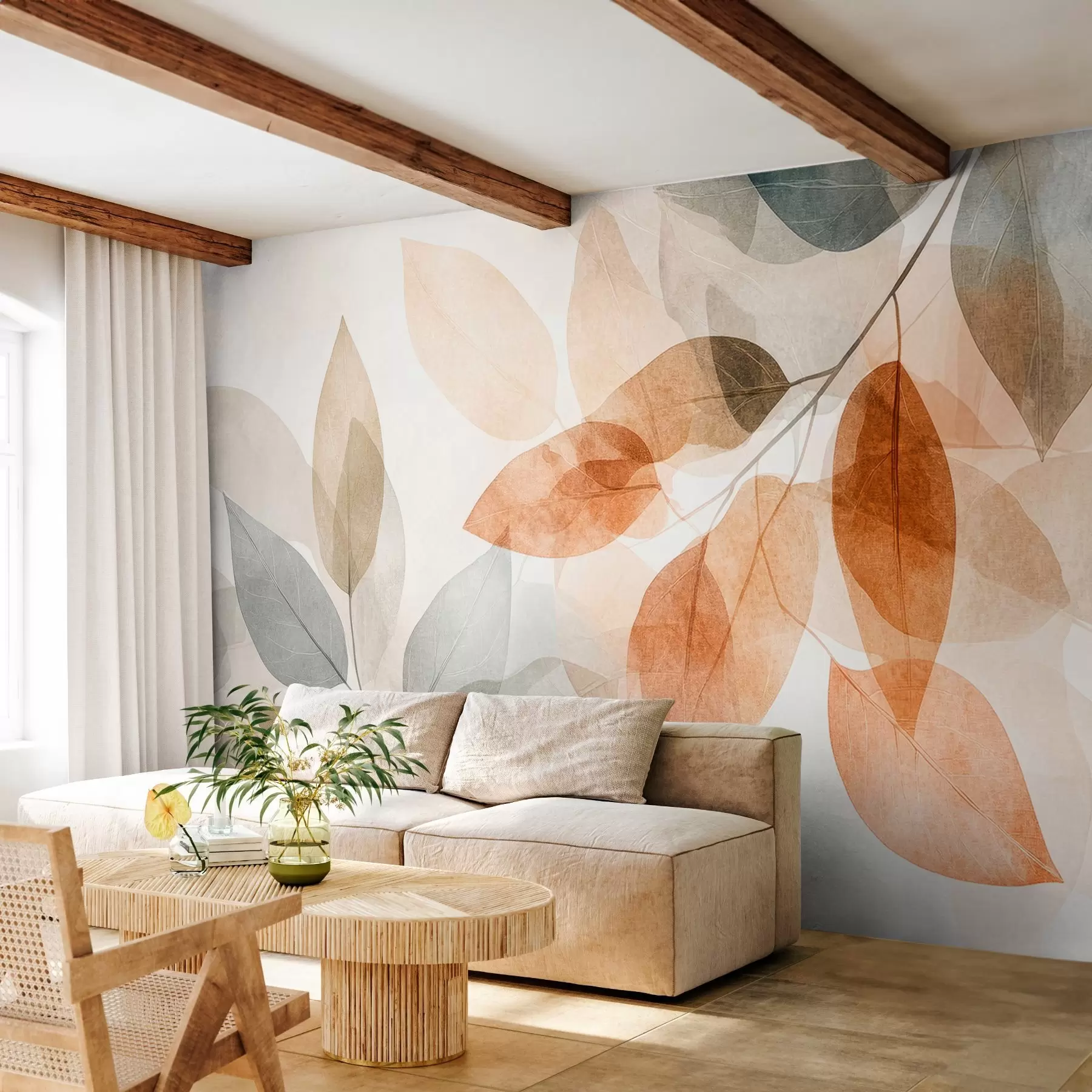 wall murals листови у акварелном стилу у нијансама сепије и сиве w04024