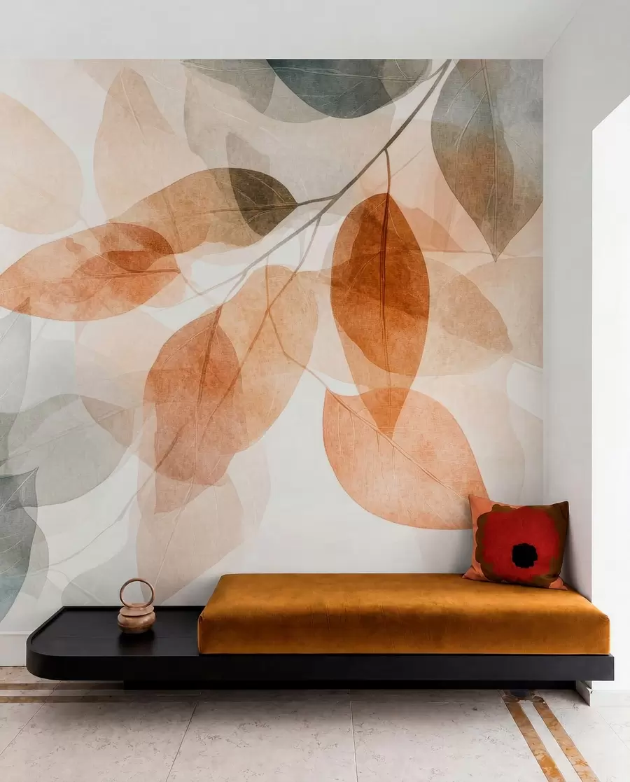 wall murals листови у акварелном стилу у нијансама сепије и сиве w04024