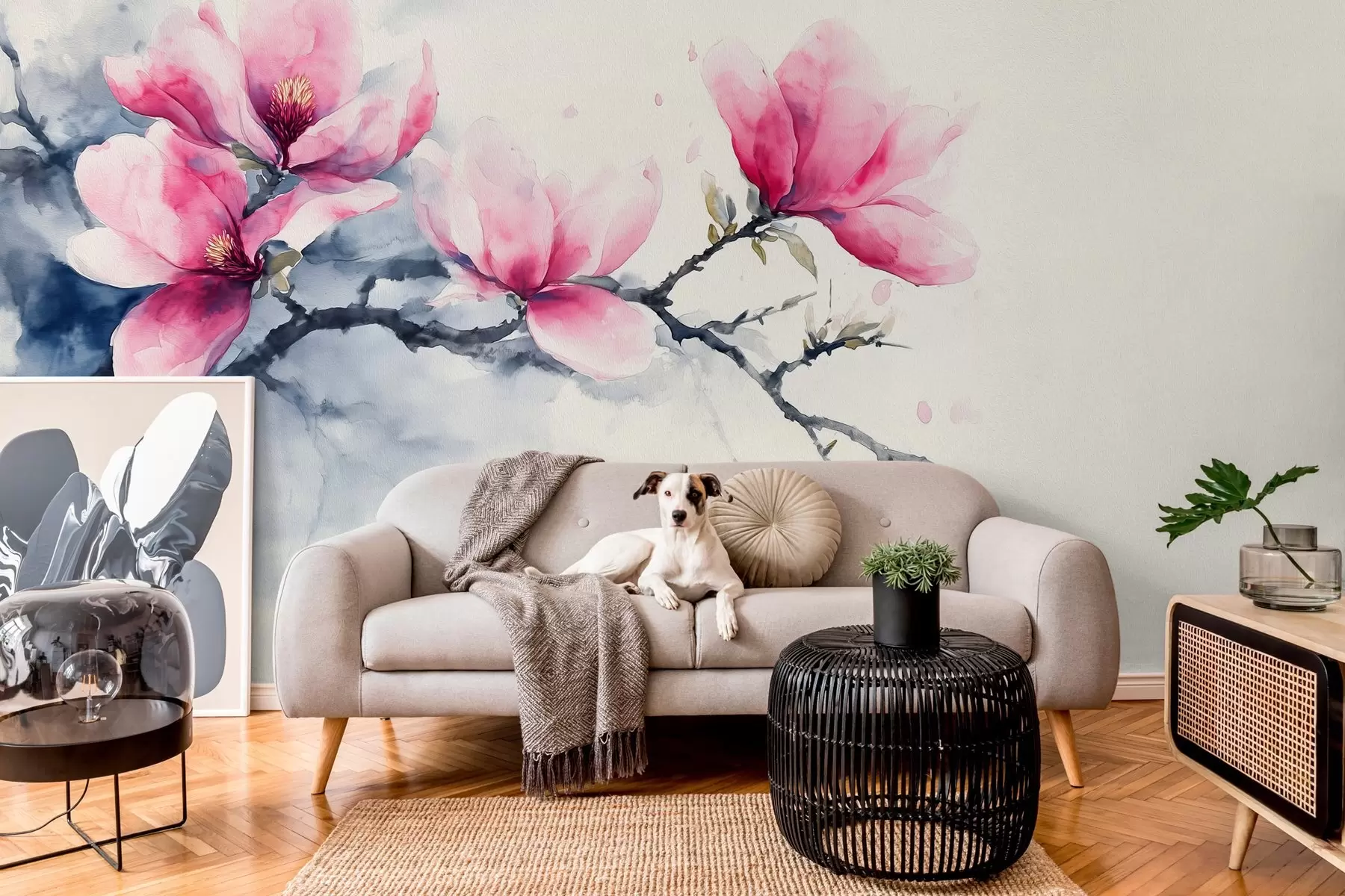 wall murals Цветајућа грана ружичасте магнолије на позадини боје слоноваче w04027