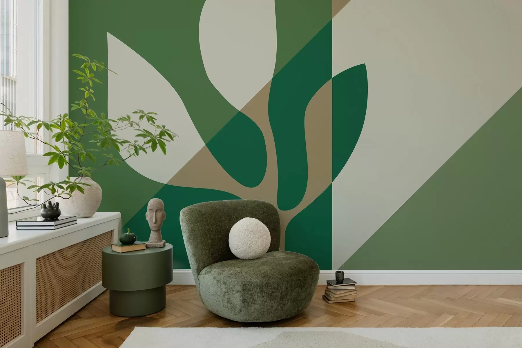 wall murals апстрактна графичка биљка на позадини геометрије у зеленим и окер бојама w04028