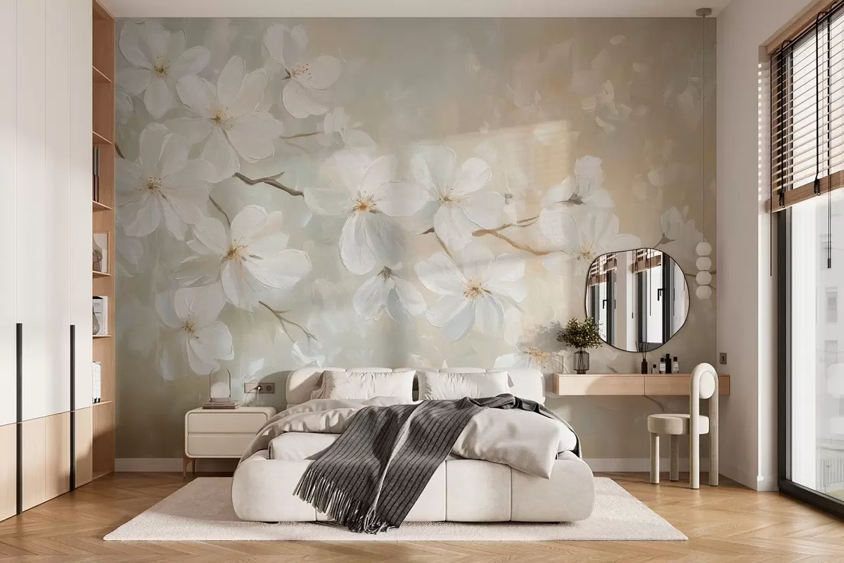 wall murals Нежна цветајућа грана кајсије у стилу уљаног сликарства у пастелним бојама w04029