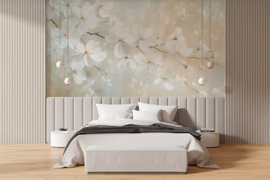 wall murals Нежна цветајућа грана кајсије у стилу уљаног сликарства у пастелним бојама w04029