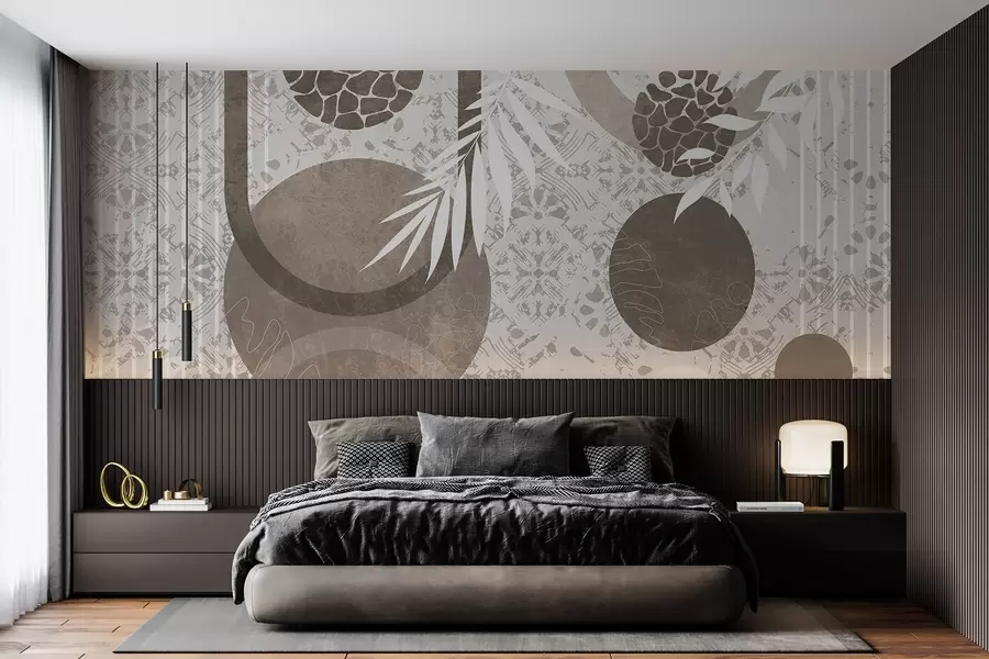 wall murals Апстрактни текстурни геометријски облици у смеђој и белој боји, кругови, лукови и ботанички елементи, модеран и минималистички дизајн  w09130