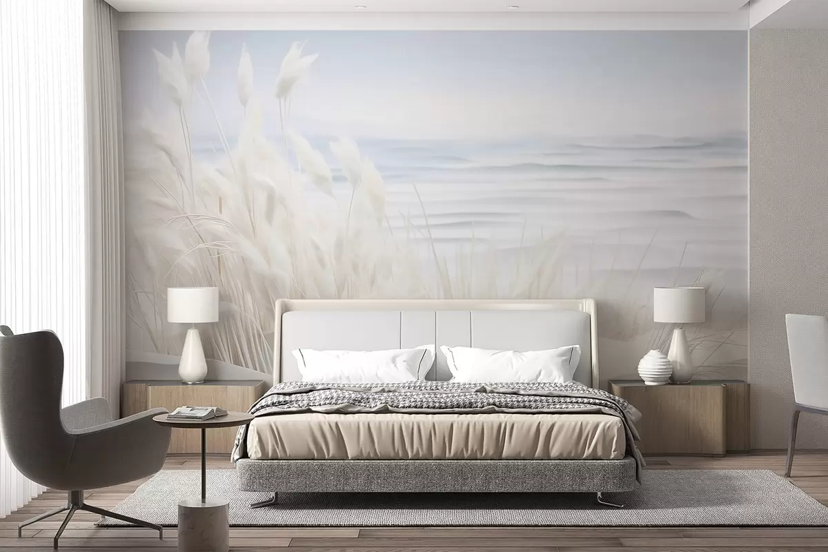 wall murals Пејзаж са белом пампас травом на пешчаној дини, са светлоплавим океаном у позадини, меки, минималистички стил w09132