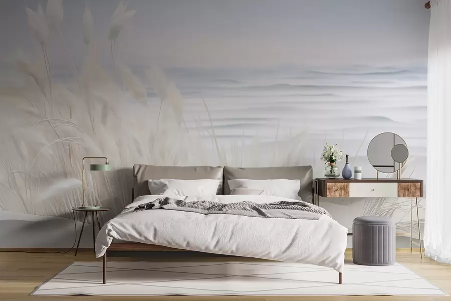 wall murals Пејзаж са белом пампас травом на пешчаној дини, са светлоплавим океаном у позадини, меки, минималистички стил w09132