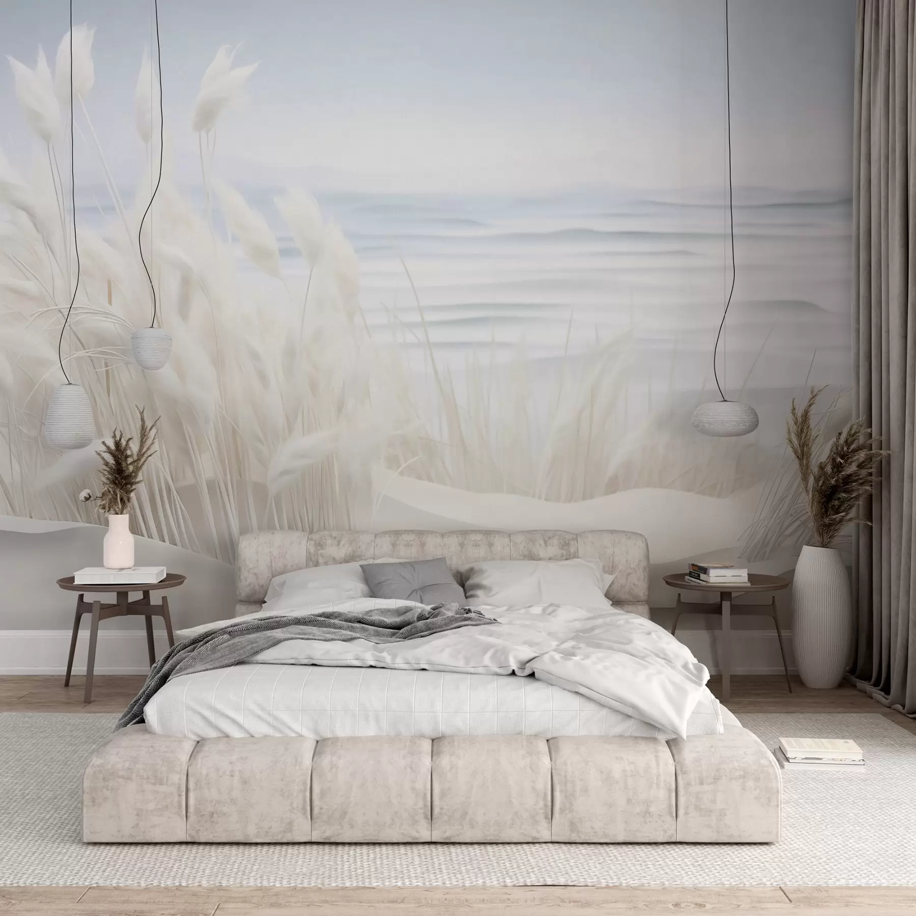 wall murals Пејзаж са белом пампас травом на пешчаној дини, са светлоплавим океаном у позадини, меки, минималистички стил w09132