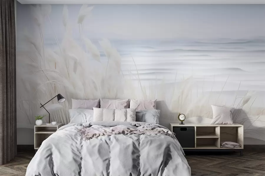 wall murals Пејзаж са белом пампас травом на пешчаној дини, са светлоплавим океаном у позадини, меки, минималистички стил w09132
