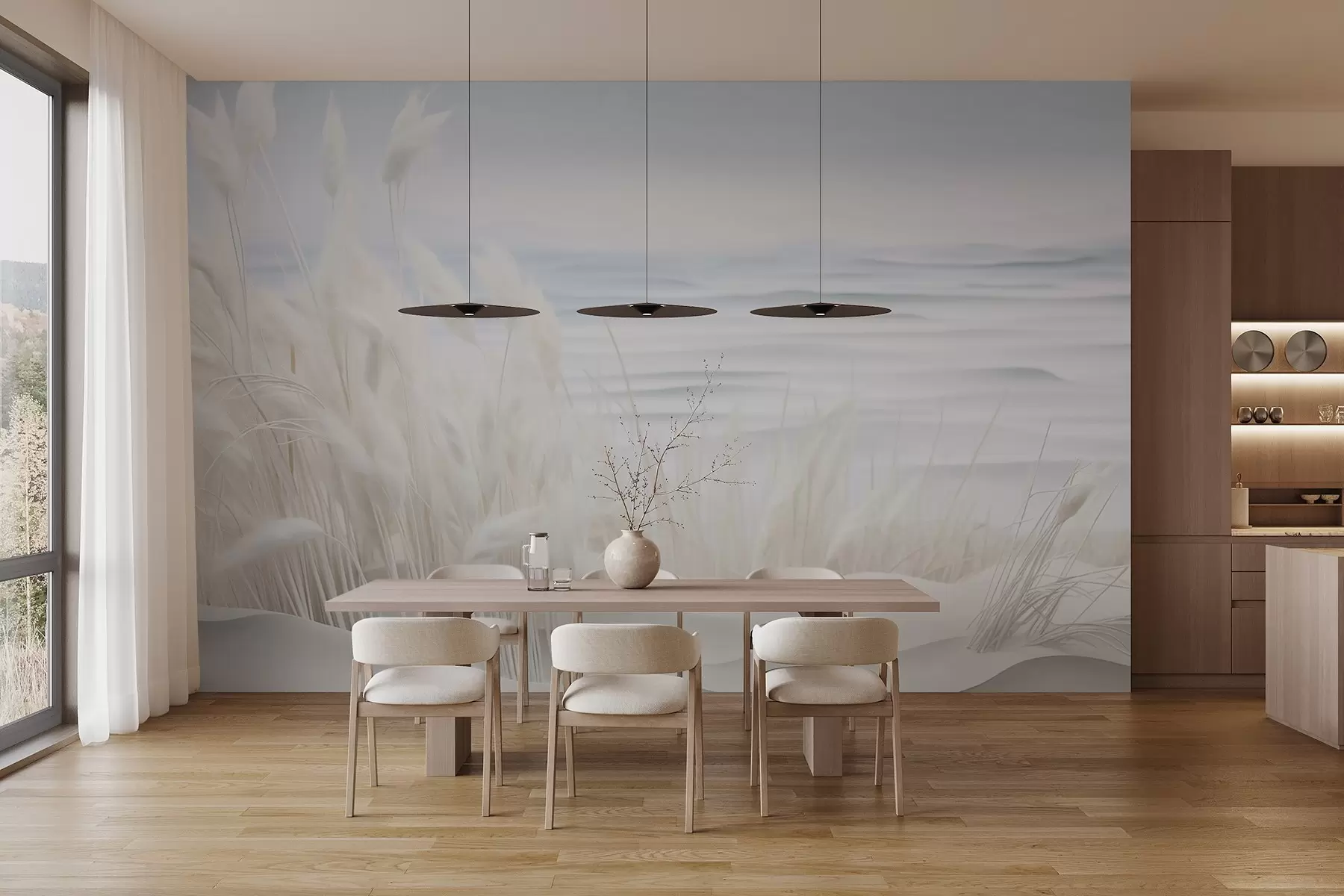wall murals Пејзаж са белом пампас травом на пешчаној дини, са светлоплавим океаном у позадини, меки, минималистички стил w09132