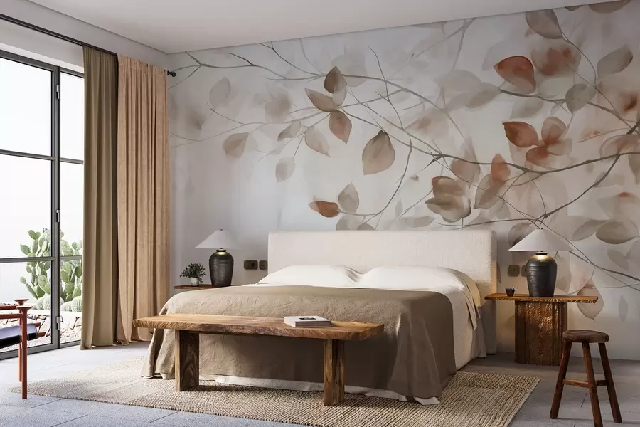 wall murals Текстурна акварелна имитација смеђег лишћа и грана, меке боје, нежни детаљи на белој позадини w09133