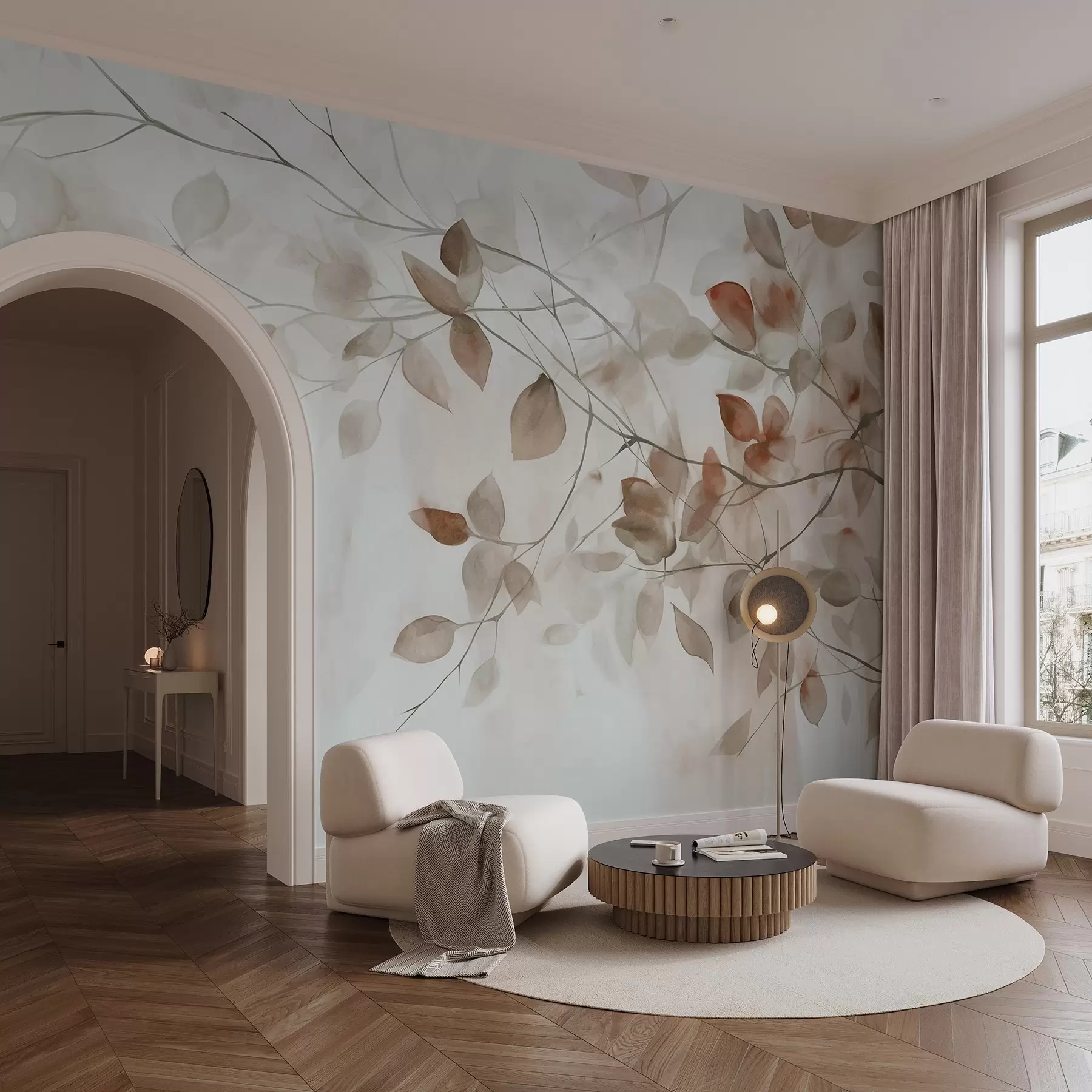 wall murals Текстурна акварелна имитација смеђег лишћа и грана, меке боје, нежни детаљи на белој позадини w09133