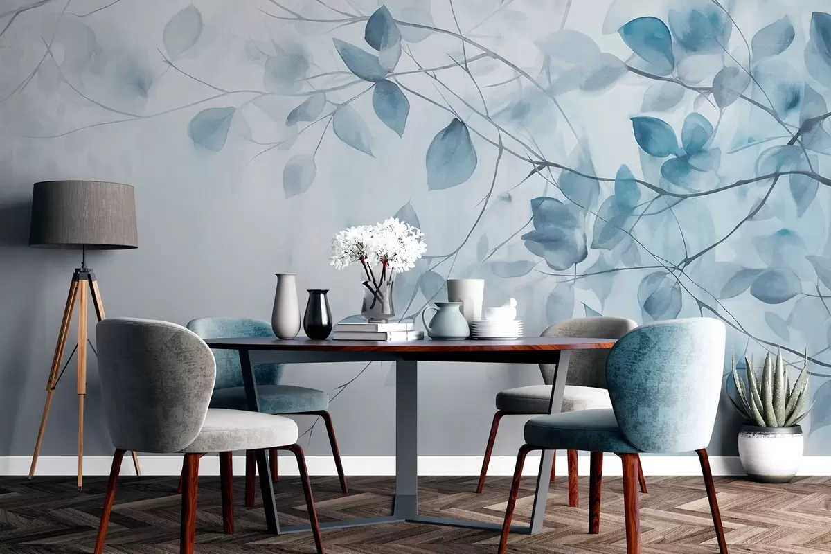 wall murals Текстурна акварелна имитација плавог лишћа и грана, меке боје, нежни детаљи на белој позадини w09133v1