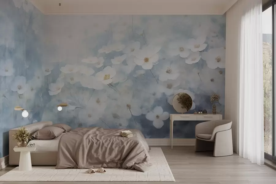 wall murals Текстурно поље белих цветова анемона, меки фокус, сањива атмосфера, светлоплава и бела палета боја, пролећна ливада w09134