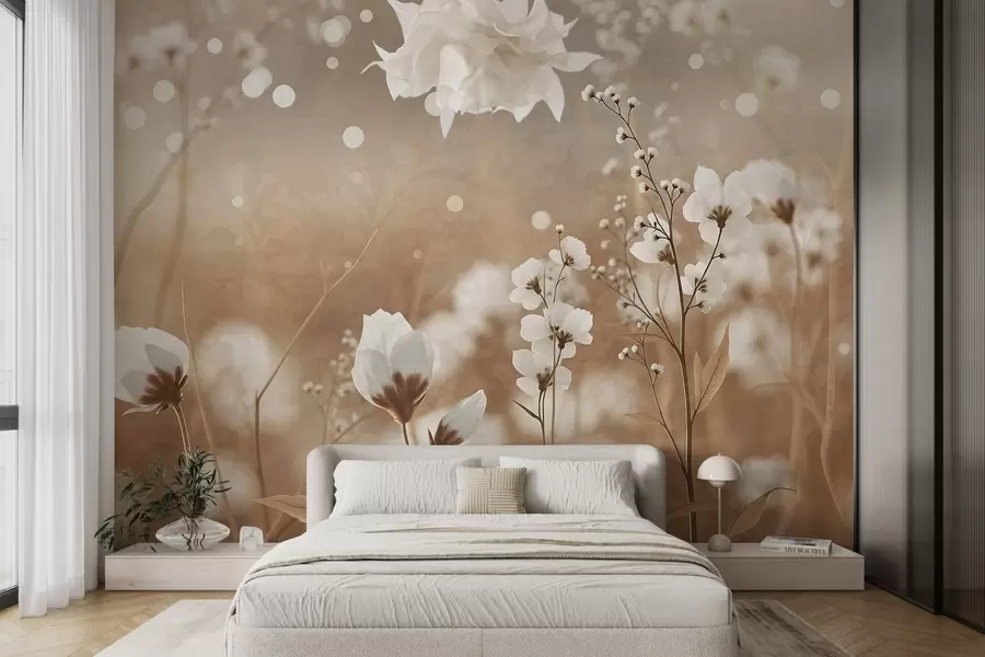 wall murals Бело цвеће са смеђим стабљикама и листовима у пољу, ефекат бокеха, топла палета боја, елегантно уметничко дело инспирисано природом w09135