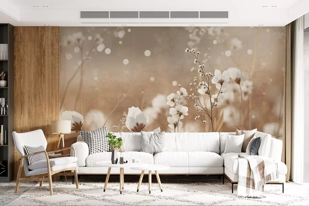 wall murals Бело цвеће са смеђим стабљикама и листовима у пољу, ефекат бокеха, топла палета боја, елегантно уметничко дело инспирисано природом w09135