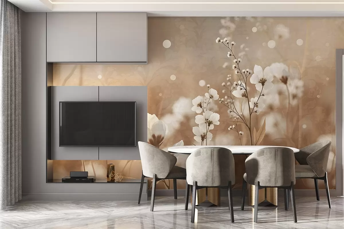 wall murals Бело цвеће са смеђим стабљикама и листовима у пољу, ефекат бокеха, топла палета боја, елегантно уметничко дело инспирисано природом w09135