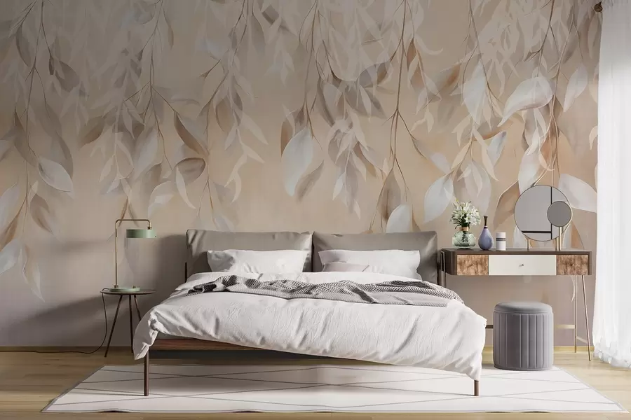 wall murals Висеће текстурирано бело и беж лишће са меком палетом боја, бресквастом, сивом и белом нежном позадином  w09136