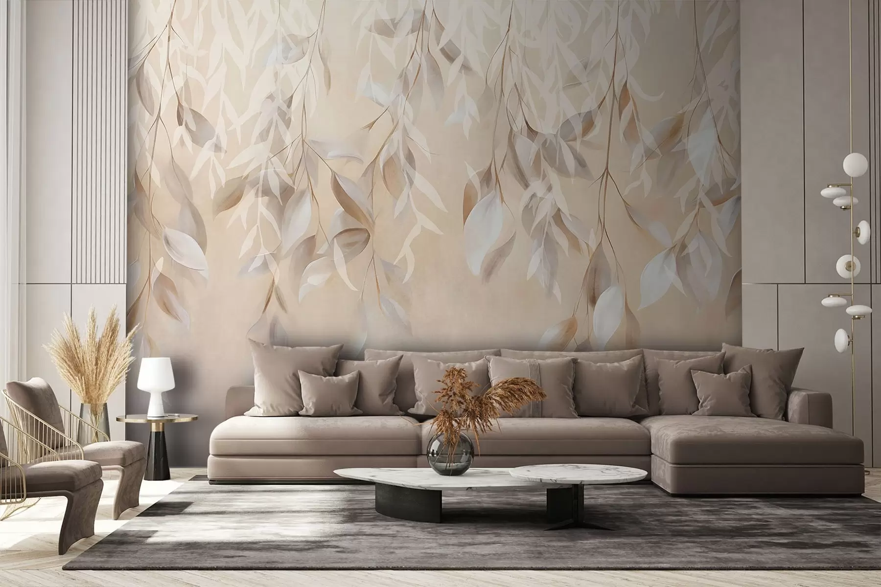 wall murals Висеће текстурирано бело и беж лишће са меком палетом боја, бресквастом, сивом и белом нежном позадином  w09136