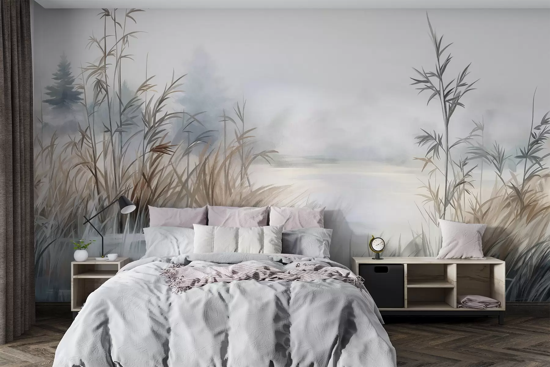 wall murals Текстурирани пејзаж језера са високим травама у првом плану, нежно плавом и смеђом бојом, мирном водом, дрвећем у даљини w09137