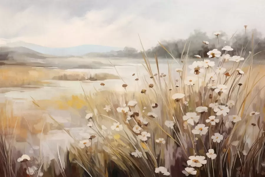 wall murals Поље високе траве и белих тратинчица, дрвеће у позадини, под облачним небом, текстурирани пејзаж, меки потези четкицом w09139