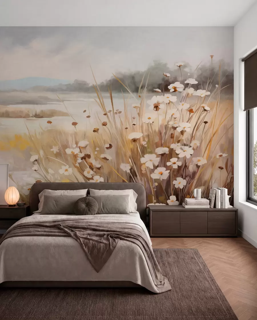 wall murals Поље високе траве и белих тратинчица, дрвеће у позадини, под облачним небом, текстурирани пејзаж, меки потези четкицом w09139