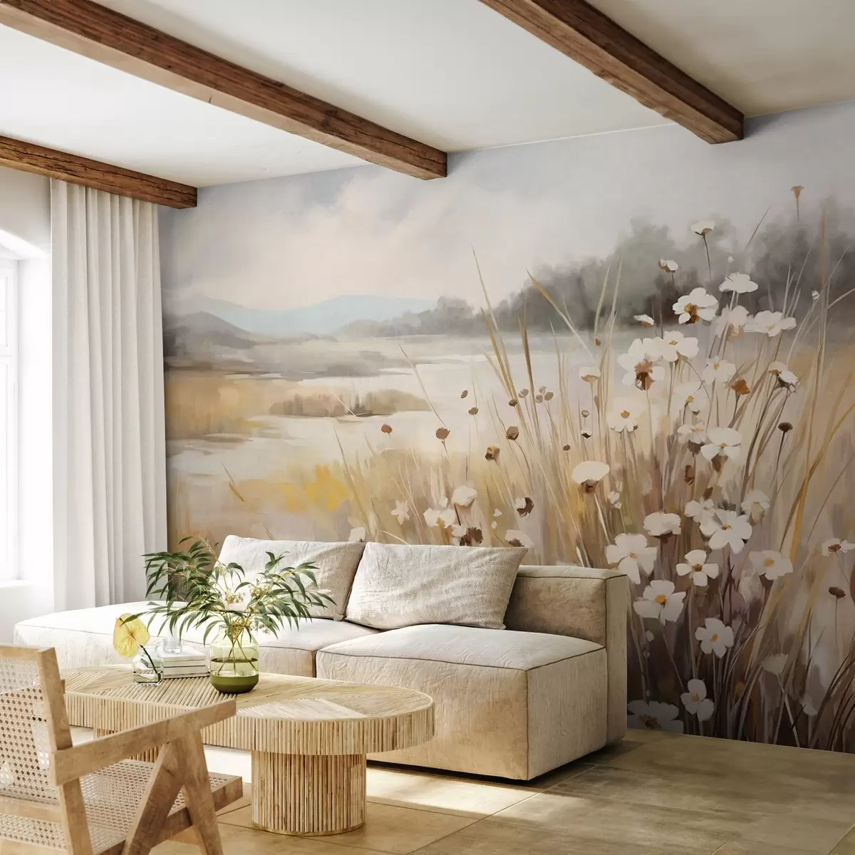 wall murals Поље високе траве и белих тратинчица, дрвеће у позадини, под облачним небом, текстурирани пејзаж, меки потези четкицом w09139