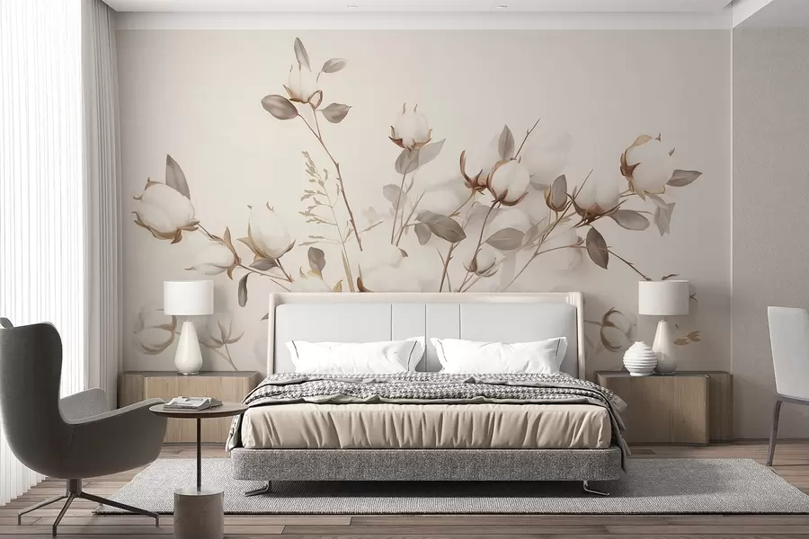 wall murals Памучно цвеће са стабљикама и листовима у светло смеђој палети боја, беж позадина, меко и нежно, акварел стил w09141