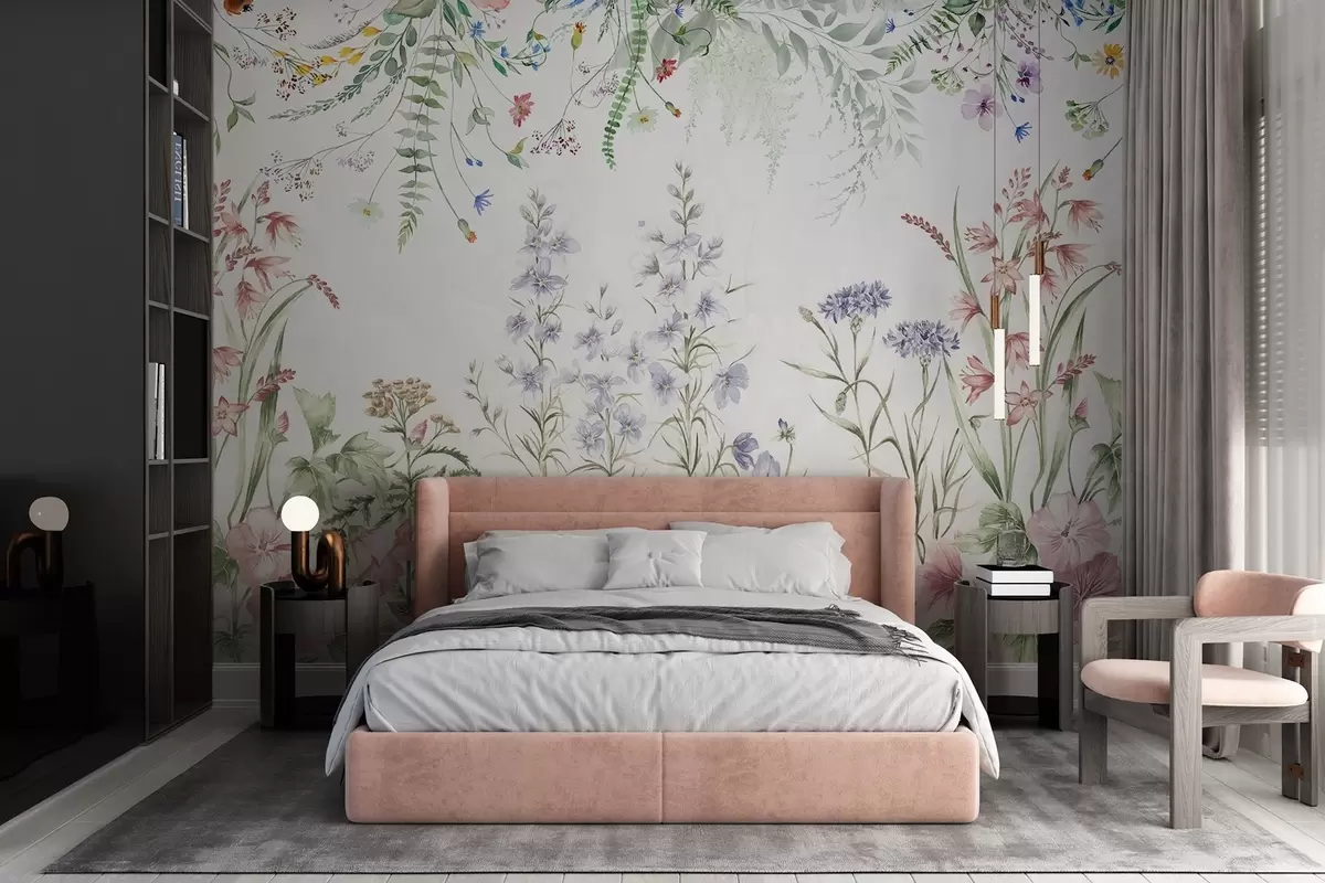 wall murals Цветни текстурни аранжман са шареним цвећем и зеленим лишћем, ботаничка илустрација, меке пастелне боје, винтаге стил w09143