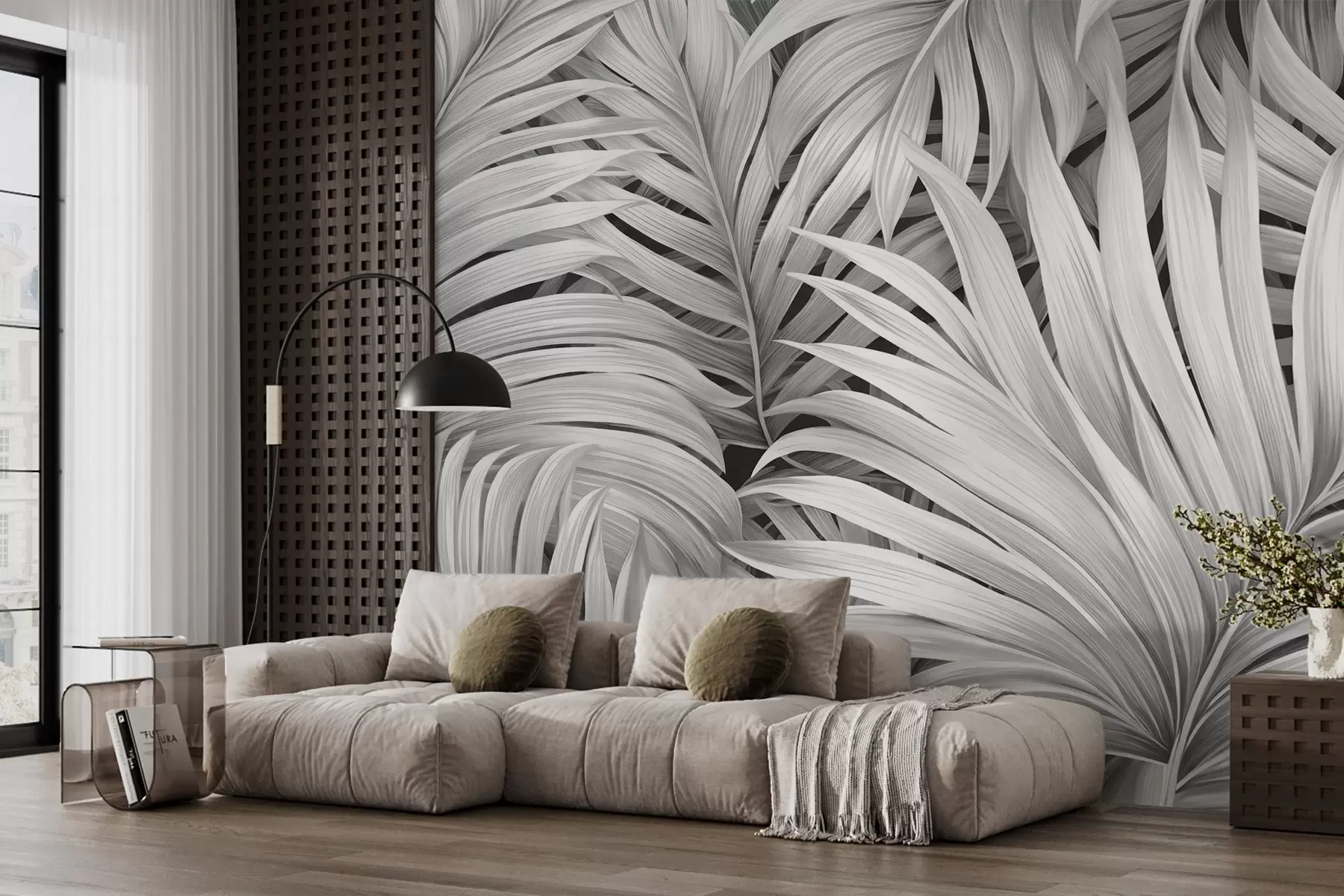 wall murals Монохромно текстурирано тропско лишће палми, стварајући тропски и ботанички отисак w09145