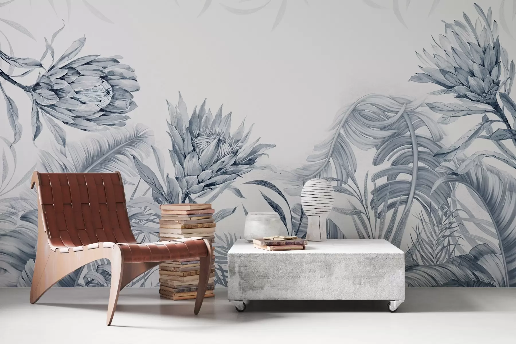 wall murals Протеа међу тропским лишћем, зелене нијансе w03952v2