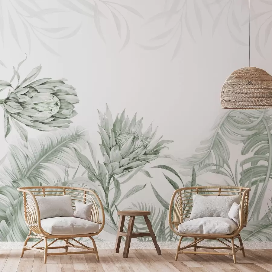 wall murals Протеа међу тропским лишћем, плаве нијансе w03952v3