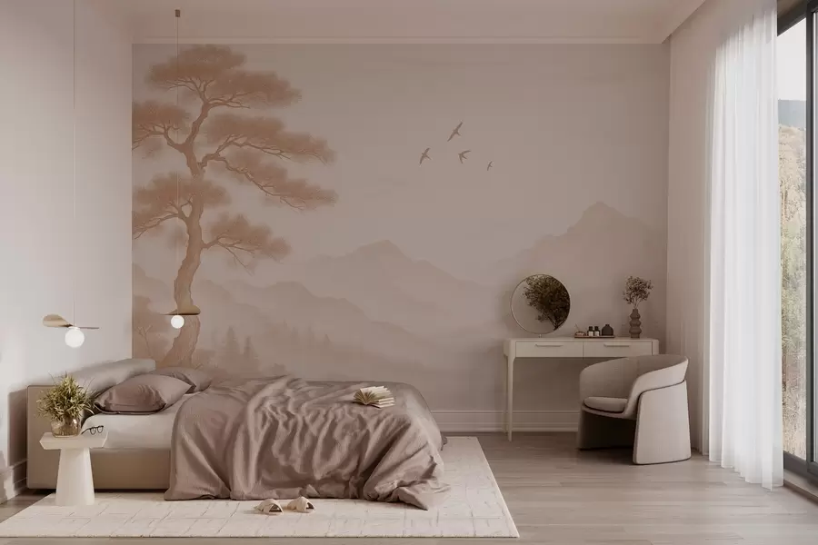 wall murals панорама брда са великим дрветом у мока нијансама w04033v1