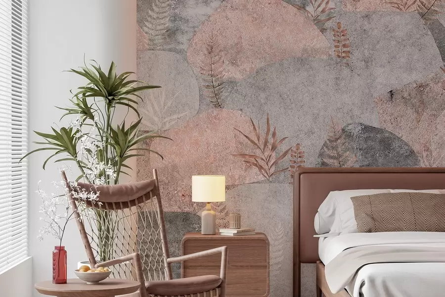 wall murals Камење са биљкама, папрат, нордијски, рустични стил, сиве и ружичасте боје w04064v1