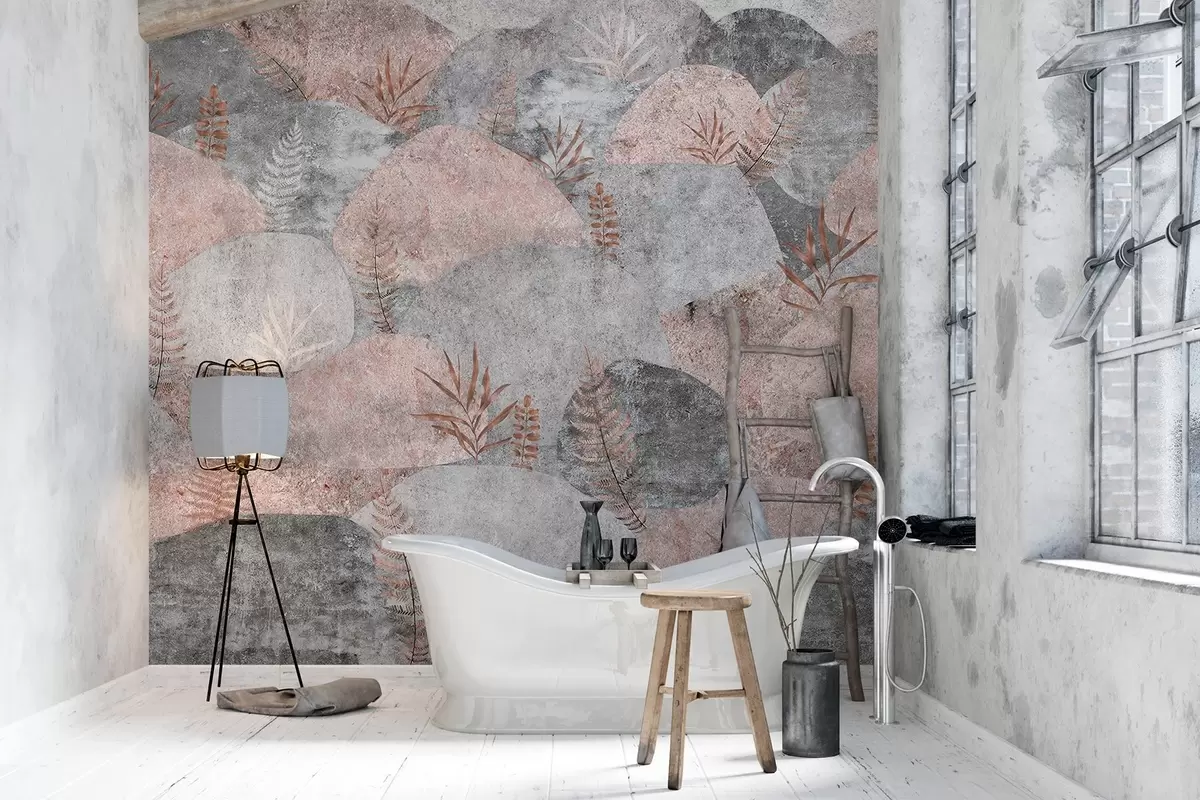 wall murals Камење са биљкама, папрат, нордијски, рустични стил, сиве и ружичасте боје w04064v1