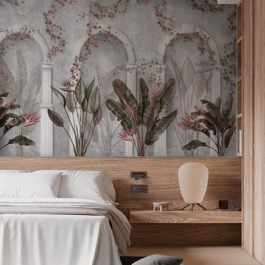 wall murals Бетонски зид са луковима и тропским биљкама, цветним, бордо бојама w04065v1