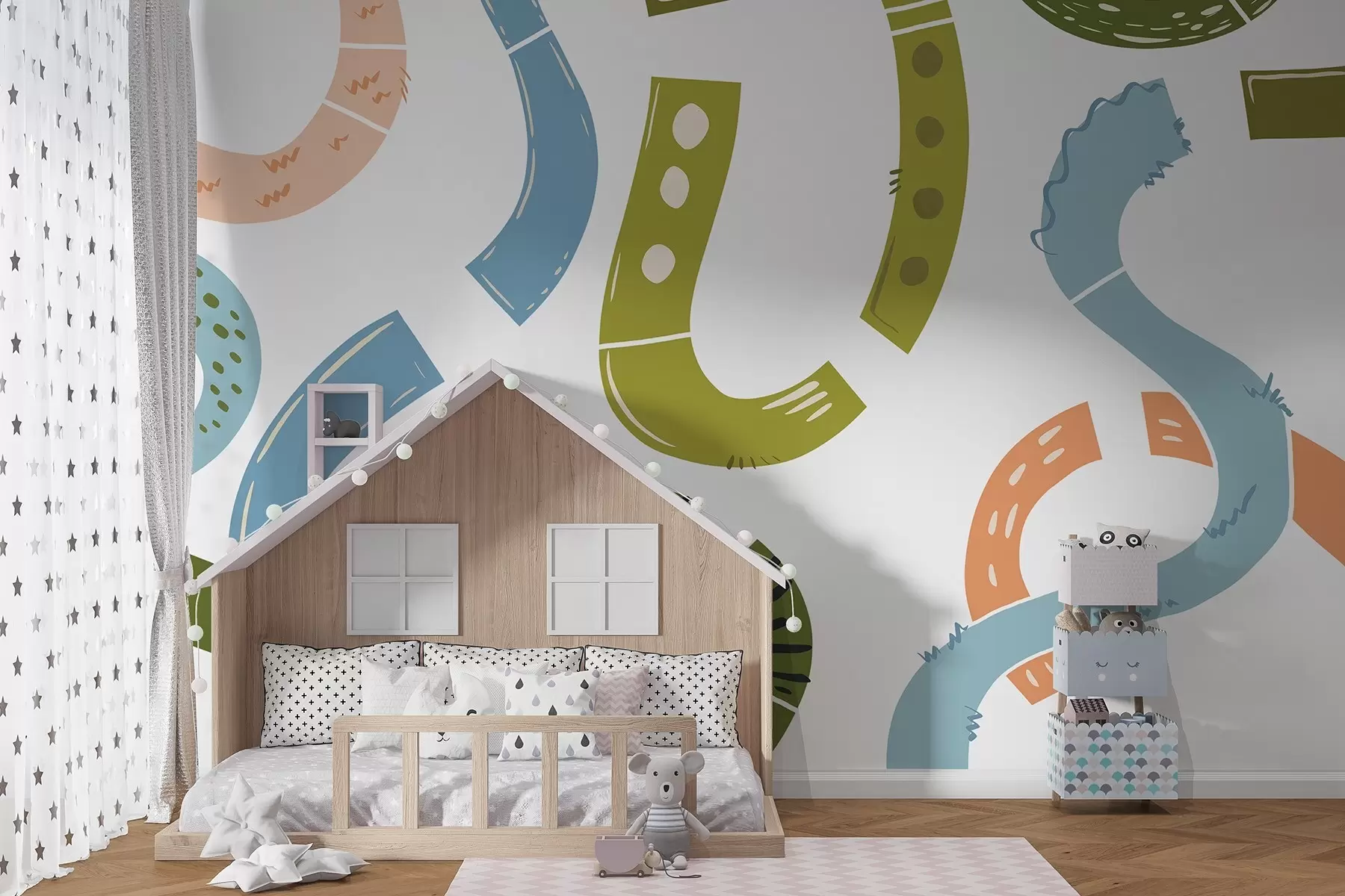 wall murals Апстрактни цртежи, малолетнички, цртежи, зелени, плави, ружичасти w04066v2